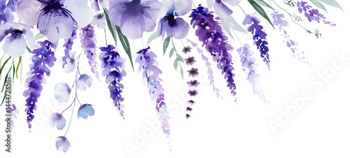 Border made of watercolor lavender flowers. Purple wildflowers wedding isolated illustration