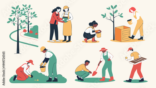 Flat Illustration Diverse People Community Garden Planting and Composting