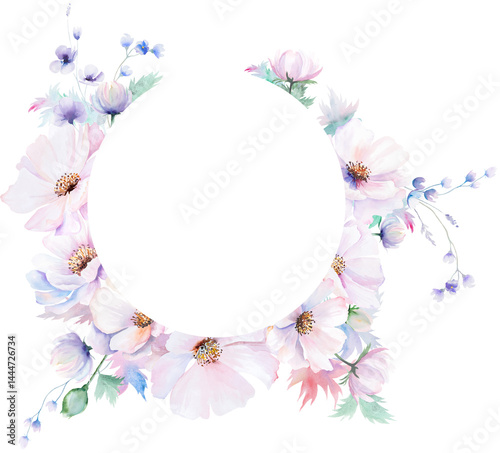 Frame made with watercolor pink peony flowers and leaves, pastel wedding isolated illustration