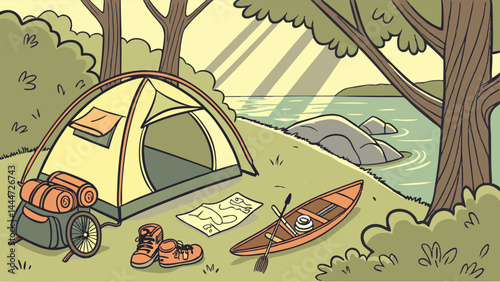 Scenic Outdoor Camping Illustration Featuring Tent, Kayak, Hiking Gear, Map, Forest, and Sunny Lake View