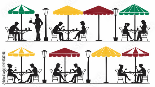 Outdoor Cafe Scene Silhouettes People Sitting Under Colorful Umbrellas Vector Illustration