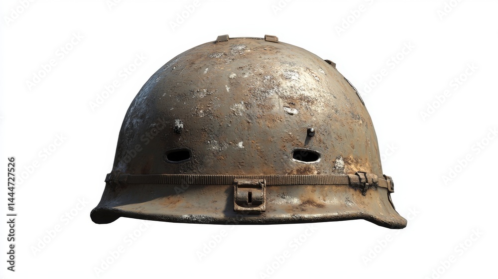 Obraz premium A weathered military helmet showcasing history and battle scars. This vintage piece symbolizes resilience and courage in the face of adversity. Generative AI