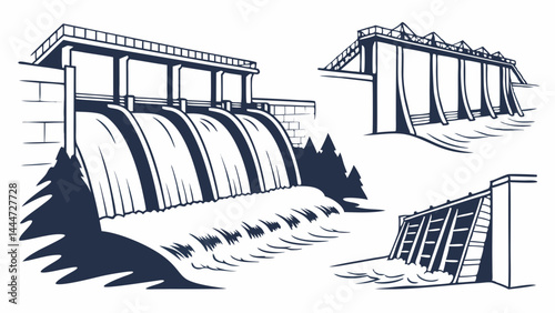 Set of black and white vector illustrations showing different types of dams and water flow