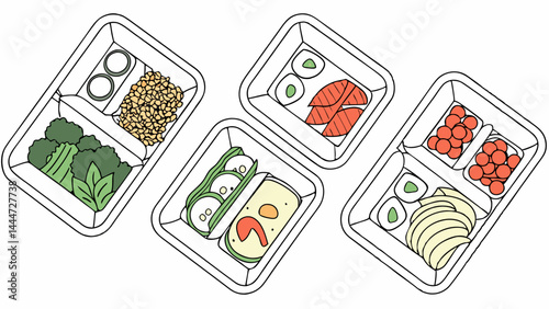 Illustrated Healthy Meal Prep Containers with Diverse Food Options Line Drawing