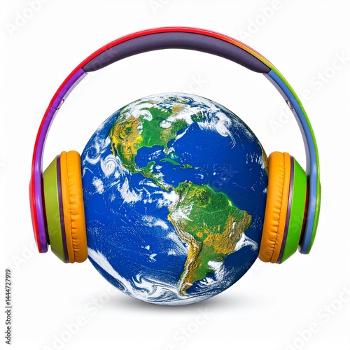Image of colorful headphones covering a photo of a realistic globe.