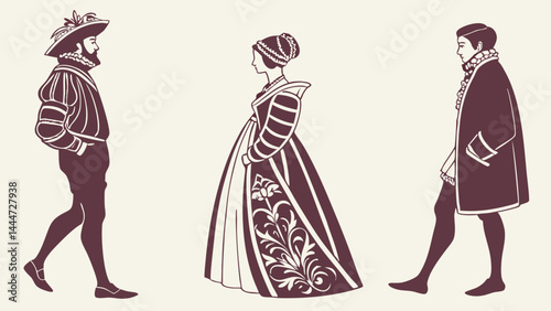 Historical Renaissance Period Fashion Illustration - Elegant Silhouette Of Man And Woman