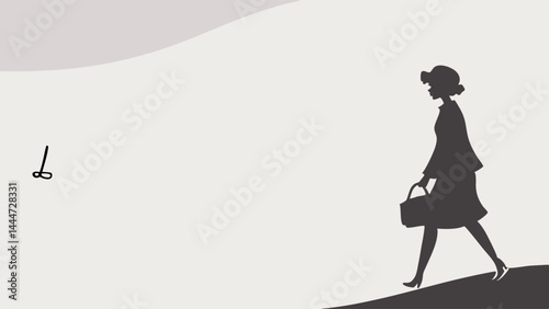 Vintage Silhouette Woman Walking with Bag and Scissors Minimalist Art