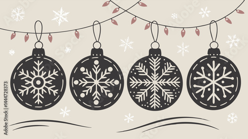 Vintage Christmas Ornaments Vector Art Four Hanging Snowflake Baubles with Holiday Lights Decoration
