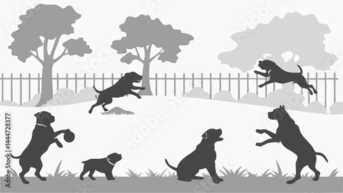 Black and white silhouette illustration of multiple playful dogs and a puppy jumping and playing in a fenced dog park scene.