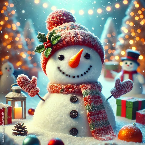 A snowman a lopsided grin