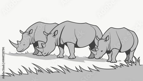 Three large wild rhinos grazing peacefully in a detailed black and white line art illustration.