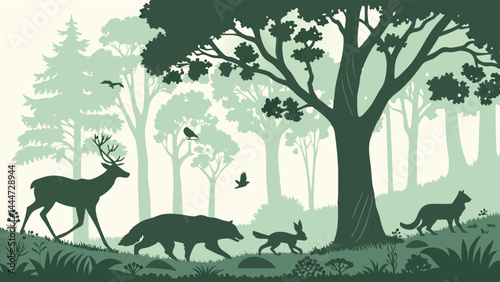 Green layered forest silhouette illustration with deer wolf rabbit fox and birds wildlife scene