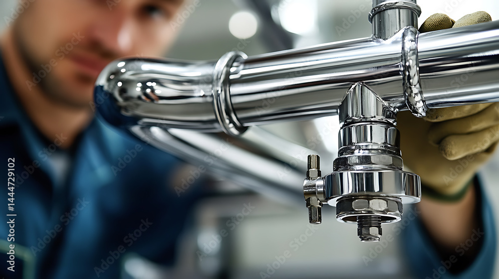 Worker Inspecting Chrome-Plated Industrial Pipe Worker Inspecting Chrome-Plated Industrial Pipe