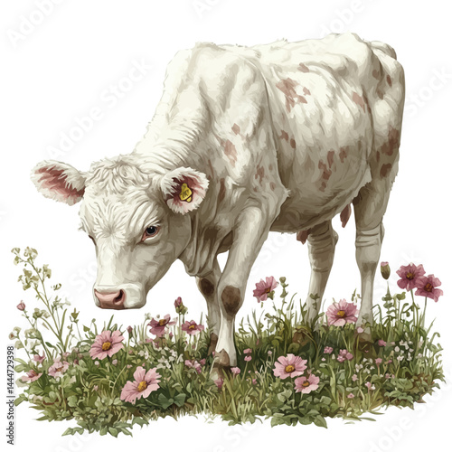 watercolor of Cow Grazing In A Meadow, vector, isolated on a white background.