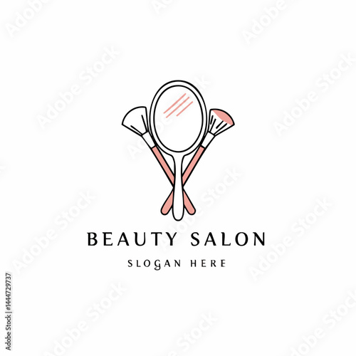 Elegant Beauty Salon Logo: Line art illustration of a hand mirror crossed with makeup brushes.

