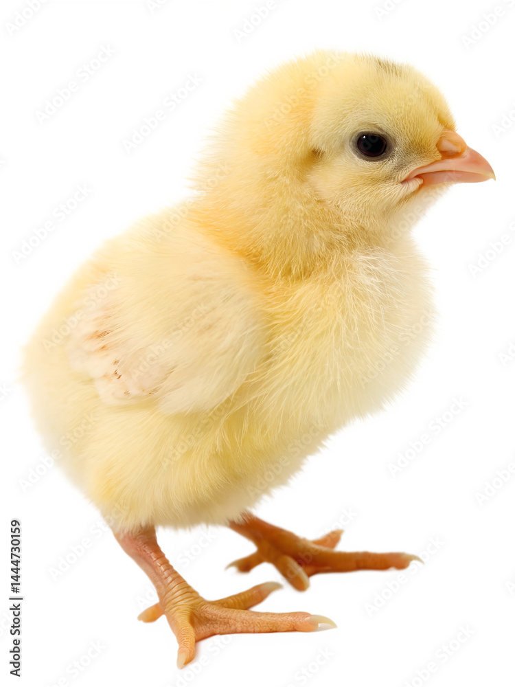 Fototapeta premium A yellow chick with orange feet stands against a black background.