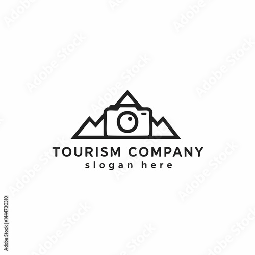 Tourism company line art logo combining camera and mountains for adventure travel or photography tours.
