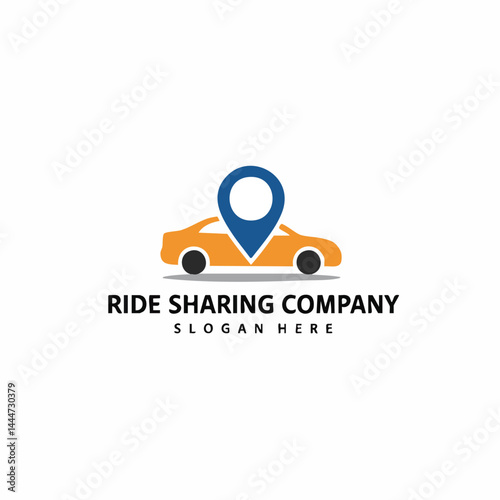 Ride sharing company logo with orange car silhouette and blue map pin location marker.
