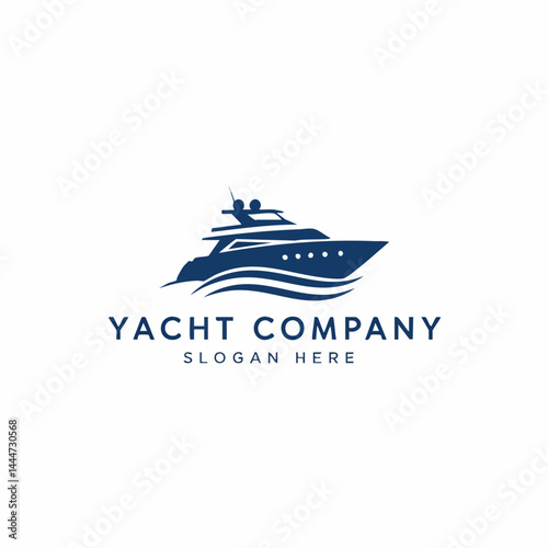 Yacht Company Logo Featuring a Blue Silhouette of a Luxury Motor Yacht on Ocean Waves.


