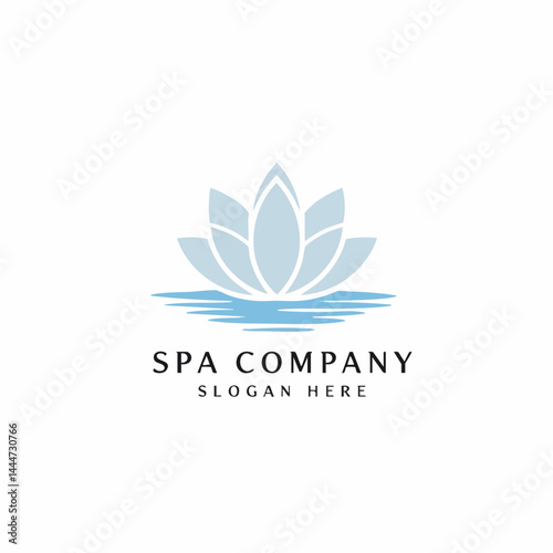 Spa company logo with light blue lotus flower on water, symbolizing peace, beauty, and wellness.
