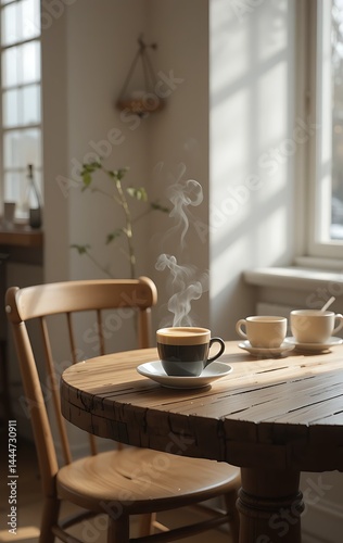Wallpaper Mural A steaming cup of coffee sits on a wooden table, with a lush green potted plant in the blurred background, creating a cozy and inviting atmosphere. Torontodigital.ca