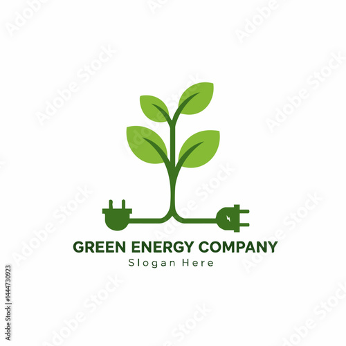 Green energy company logo with plant connecting two plugs, symbolizing natural and sustainable power distribution.
