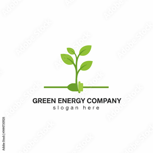 Green Energy Company Logo: Plant Sprouts from Green Plug Connected by Horizontal Power Line.

