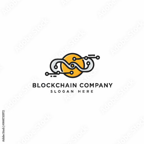 Blockchain Company Logo with Interconnected Nodes Forming an Infinity Loop Over a Yellow Circle Background.

