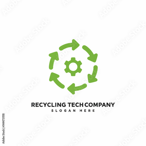 Recycling tech company logo with green circular arrows around gear, symbolizing cyclical process and sustainable technology.

