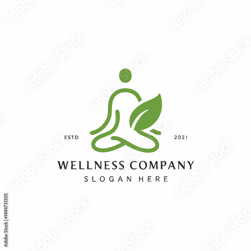 Wellness company logo with figure in yoga pose combined with leaf, symbolizing balance, health, and nature.
