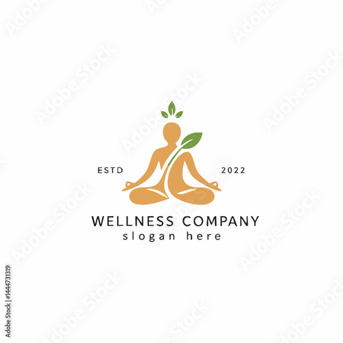 Wellness Company Logo with Figure in Yoga Lotus Pose, Integrated Green Leaf Symbol for Natural Health.

