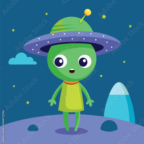 Explore the imaginative design of a cute alien with a floating UFO. This whimsical illustration captures the charm of extraterrestrial life and space exploration, perfect for sci-fi enthusiasts and cr
