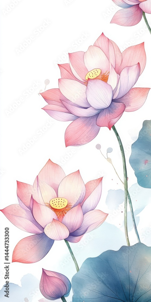 Obraz premium watercolor drawing of lilac lotus on white backdrop. painting flowers background. illustration floral nature. flower wallpaper for greeting cards, weddings or birthdays. Copy space. space for text