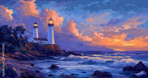 Lighthouses at Sunset by the Ocean with Vibrant Sky