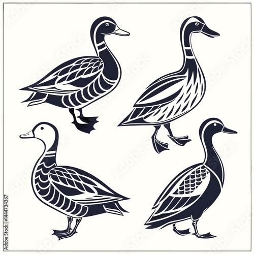 Monochrome Ducks Illustration, Isolated Wildfowl Elements, Minimalist Duck Animal Silhouettes