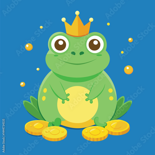 Discover an enchanting illustration of a cute frog king surrounded by gleaming gold coins, perfect for fairy tale themes and magical designs.
