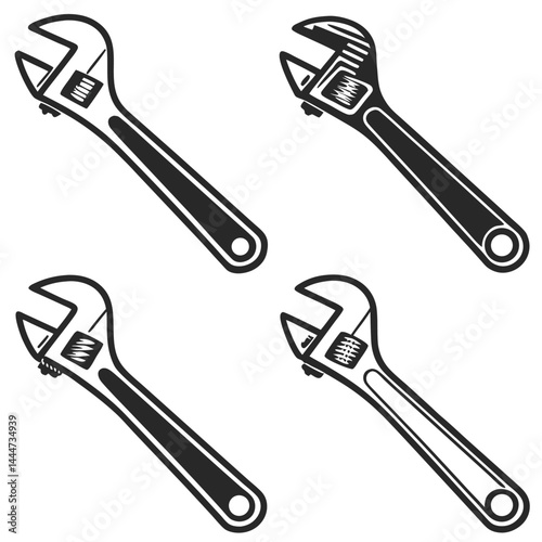 Set of Adjustable Wrenches Hand Tools, Repair Tools Black and White, Isolated