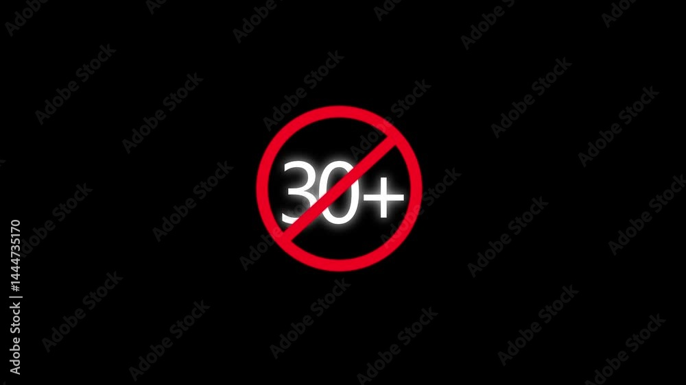 30 Plus Prohibited Sign – Green Circle with Slash Over 30+ Symbol Representing Age Restriction, Warning, No Entry, or Limit Icon for Digital Safety or Content Guidelines 4k animation video. 30 Plus Prohibited Sign – Green Circle with Slash Over 30+ Symbol Representing Age Restriction, Warning, No Entry, or Limit Icon for Digital Safety or Content Guidelines 4k animation video.