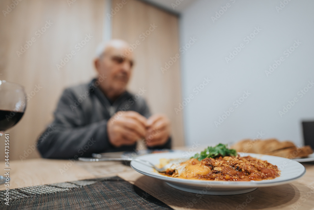 A close-up of a plate of delicious pasta with tomato sauce and herb garnish, accompanied by bread and wine, on a dining table with a blurred person visible in the background.
