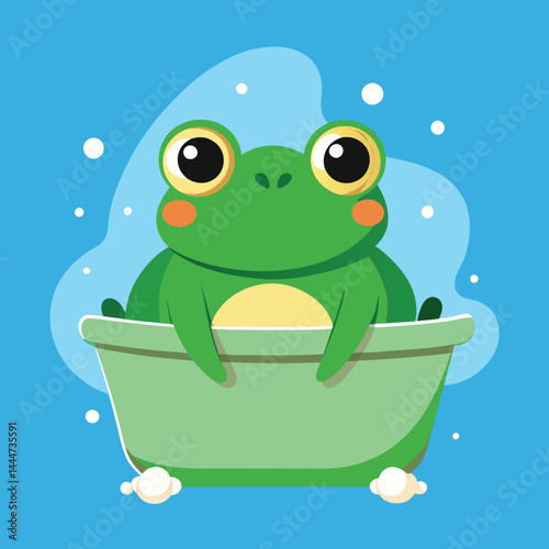 Discover the whimsical design of a cute frog enjoying a bath in a bathtub. This charming illustration captures the playful and relaxing moment, perfect for cheerful and lighthearted projects.
