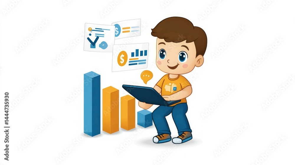 Cartoon boy analyzes charts on tablet device Cartoon boy analyzes charts on tablet device