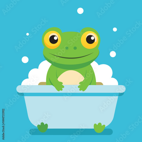 Discover the whimsical design of a cute frog enjoying a bath in a bathtub. This charming illustration captures the playful and relaxing moment, perfect for cheerful and lighthearted projects.
