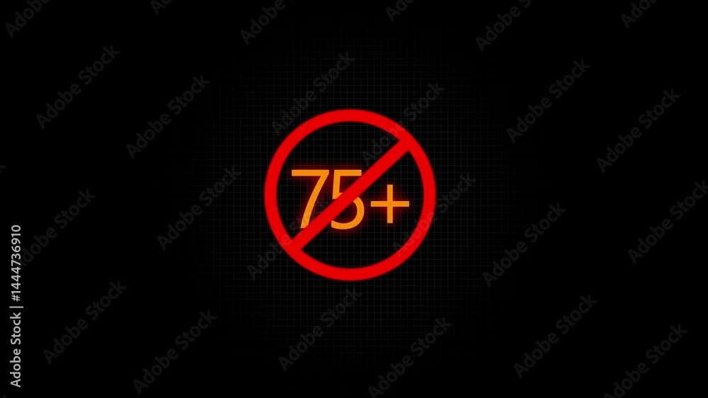 75 Plus Prohibited Sign – Green Circle with Slash Over 75+ Symbol Representing Age Restriction, Warning, No Entry, or Limit Icon for Digital Safety or Content Guidelines 4k animation video. 75 Plus Prohibited Sign – Green Circle with Slash Over 75+ Symbol Representing Age Restriction, Warning, No Entry, or Limit Icon for Digital Safety or Content Guidelines 4k animation video.