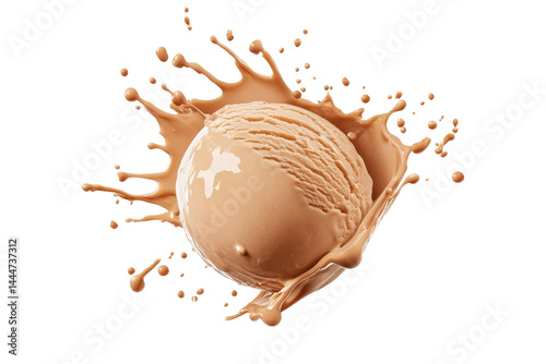 Tasty caramel ice cream ball with splash isolated on white for bakery branding and snack packaging