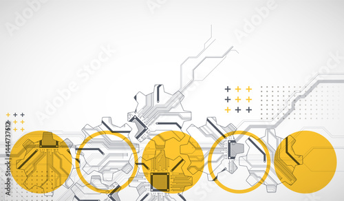 Stylized view of gears integrated with microcircuits. Concept of combining mechanics and electronics.