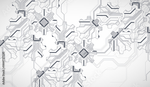 Stylized view of gears integrated with microcircuits. Concept of combining mechanics and electronics.