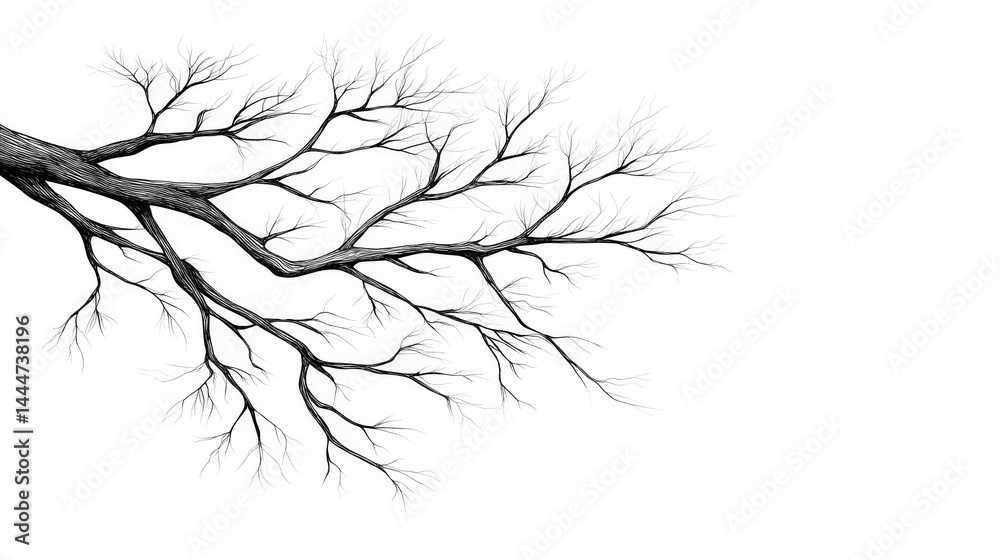 Fototapeta premium Isolated Branch Engraving Sketch: Winter Tree Silhouette - A detailed engraving sketch of a bare tree branch, symbolizing winter, nature's cycle, resilience, solitude, and timelessness