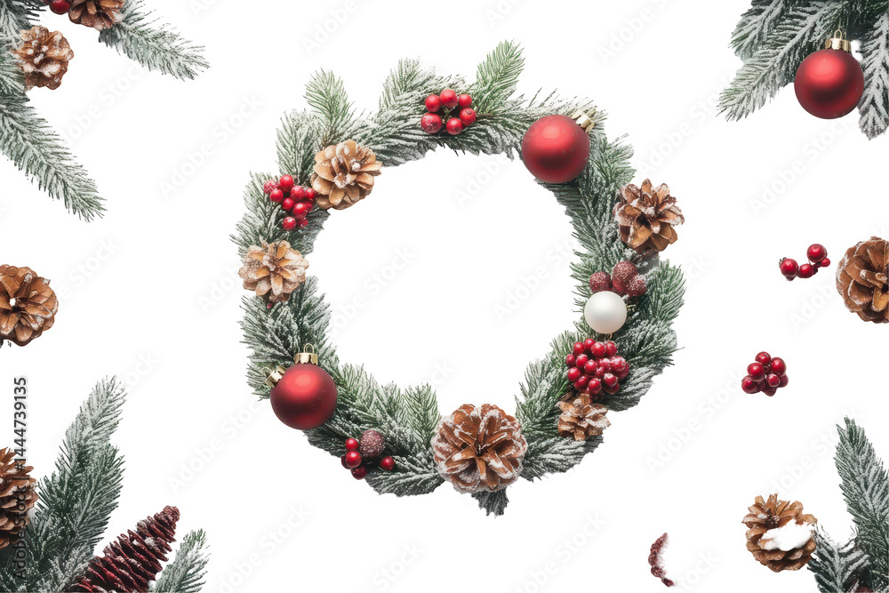 Fototapeta premium Decorative Christmas wreath illustration in PNG format great for winter celebrations and New Year promotions