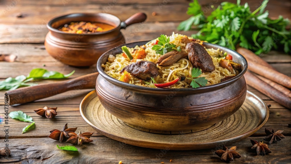 Steaming pot of fragrant mutton biryani on a wooden table, garnished with fresh herbs , handsome, mutton, handsome,mutton, aromatic Steaming pot of fragrant mutton biryani on a wooden table, garnished with fresh herbs , handsome, mutton, handsome,mutton, aromatic
