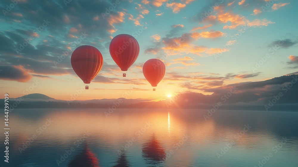 Fototapeta premium Two Colorful Hot Air Balloons Gracefully Floating Among Soft White Clouds in a Bright Blue Sky Above